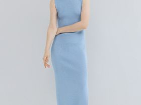 Вязаное платье в рубчик с воротником-стойкой, Голубой