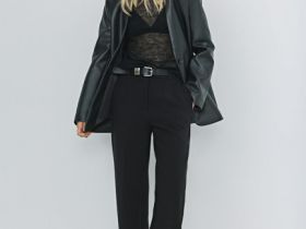 Однобортный жакет из искусственной кожи, Черный