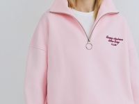 Свитшот с принтом и воротником на молнии, Розовый