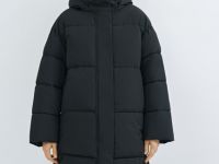 Длинный стёганый пуховик с капюшоном, Черный