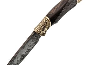 Кованый нож Юрский, дамасская сталь, рукоять карельская береза, художественное травление