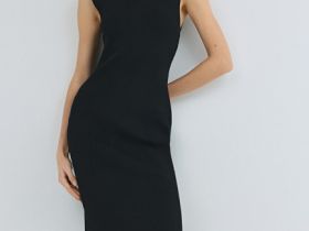 Вязаное платье в рубчик с горловиной-стойкой, Черный