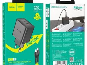 Сетевое зарядное устройство Hoco (N35) Streamer 2хType-C PD 45W + кабель Type-C/Lightning 1m (черный)