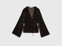 Блузка из жатого бархата с поясом, Коричневый