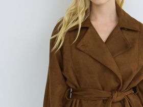 Куртка из искусственной замши с поясом, Желтый