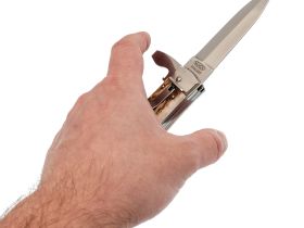 Автоматический многофункциональный нож Mikov Predator, сталь 420, рукоять рог оленя, чехол из кожи