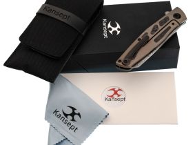Складной нож Kansept Cru сталь Damascus, рукоять Bronze Titanium/Twill Carbon Fiber