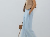 Широкие укороченные джинсы с ремнём, Голубой