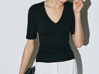 Футболка в рубчик с V-образной горловиной, Черный