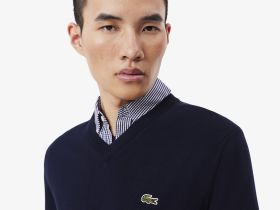 Мужской хлопковой свитер Lacoste с V-образным вырезом