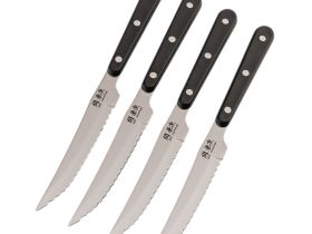 Набор из 4-х кухонных ножей для стейков Hatamoto T-Rex 1202-4, сталь Mo-V, рукоять стабилизированная древесина, черный