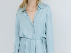 Блузка из сатина с поясом, Зеленый