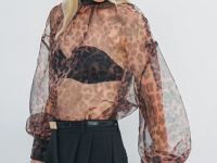 Блузка из органзы с леопардовым принтом, Коричневый