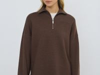 Джемпер с воротником-стойкой на молнии, Коричневый