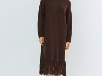 Вязаное платье с бахромой, Коричневый