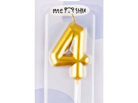 Свеча для торта с держателем MESHU "Цифра 4", 6 см, золотая, блистер