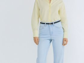 Прямые джинсы с высокой посадкой, Голубой