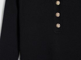 Вязаное платье миди с воротником-поло, Черный