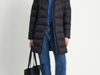 Пуховое полупальто с поясом приталенного силуэта