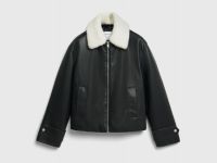 Утеплённая куртка из искусственной кожи с меховым воротником, Черный