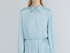 Блузка из сатина с поясом, Зеленый