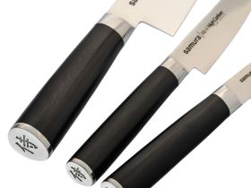 Набор из 3-х кухонных ножей Samura Mo-V в подарочной коробке  "Поварская тройка", сталь AUS-8, рукоять G10