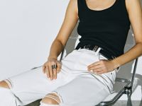 Прямые джинсы с дырками на высокой талии, Белый