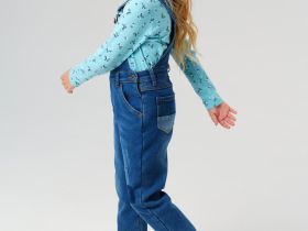 Полукомбинезон текстильный джинсовый утепленный флисом для девочек