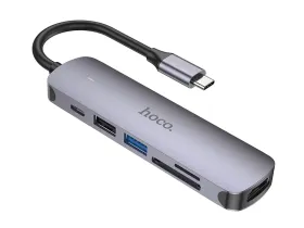 Переходник Hoco (HB28) Type-C на HDMI/USB3.0/USB2.0/USB-C/MicroSD/SD (Metal Gray)