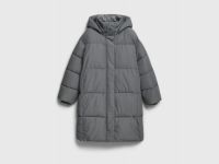 Длинный стёганый пуховик с капюшоном, Серый