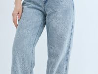 Широкие джинсы на высокой посадке в цветочный жаккард, Голубой