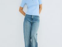 Джемпер в рубчик с воротником-поло, Голубой