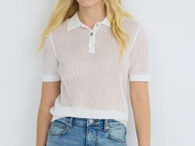 Джемпер поло из ажурной пряжи, Белый