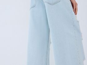 Широкие джинсы с рваным дизайном, Голубой