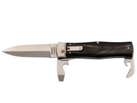 Выкидной многопредметный нож Mikov Predator, сталь 420, рукоять рог буйвола, кожаный чехол