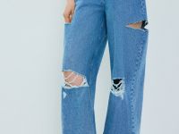 Широкие джинсы с рваным дизайном, Голубой