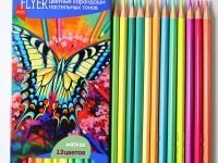 Набор карандашей цветных FLYER "Бабочка", 12 пастельных цветов, трехгранная форма, толщина грифеля 3