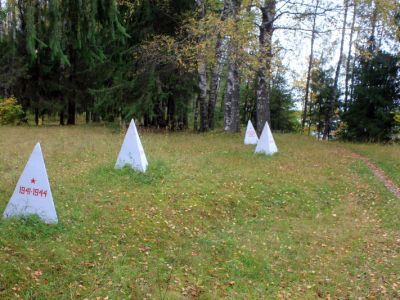 Противотанковые надолбы (4 шт.) на рубеже обороны 1941-44 гг., на двух надолбах – памятные надписи