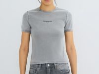 Футболка в рубчик с принтом, Серый