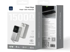 Внешний аккумулятор WiWU Mega 15000mAh 67W USB/Type-C/адаптер/кабель Type-C (PM501) (серебристый)