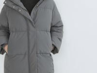 Длинный стёганый пуховик с капюшоном, Серый