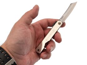 Нож складной Higonokami Nagao Kanekoma, 70мм, сталь AoGami 3 слоя, рукоять нержавеющая сталь золотая