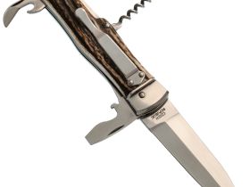 Автоматический многофункциональный нож Mikov Predator, сталь 420, рукоять рог оленя, клипса и штопор