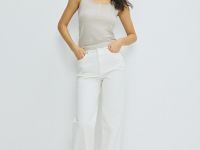 Майка в рубчик с вырезом хенли, Бежевый