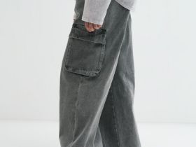 Широкие джинсы с карго-карманами для девочек, Серый