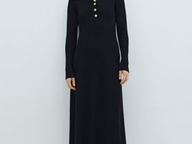 Вязаное платье миди с воротником-поло, Черный