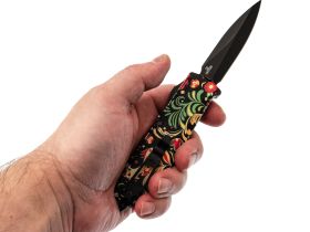 Фронтальный автоматический нож Daggerr Кощей Khohloma, сталь D2, рукоять алюминий