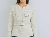Твидовый однобортный жакет с поясом, Бежевый