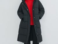 Длинный стёганый пуховик с капюшоном, Черный
