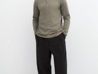 Лонгслив с воротником хенли, Бежевый